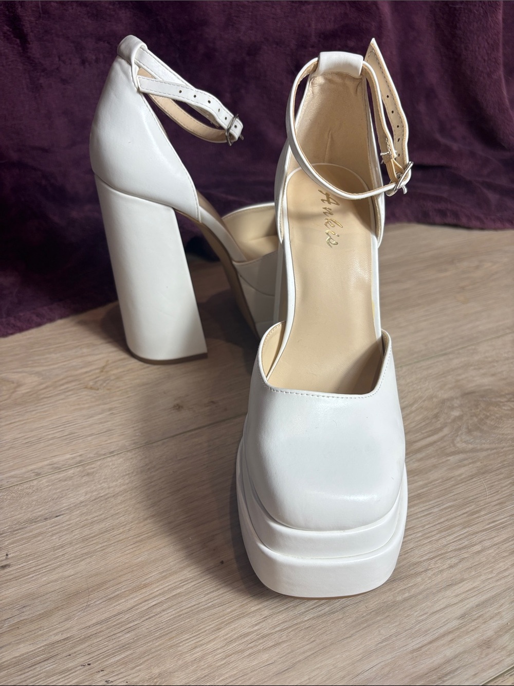 Chunky White Platform Ankle-Strap Heels